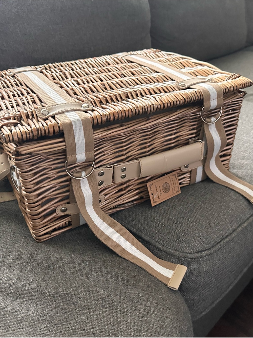 Woven Straw Travel Picnic Bag in Beige with Striped Strap